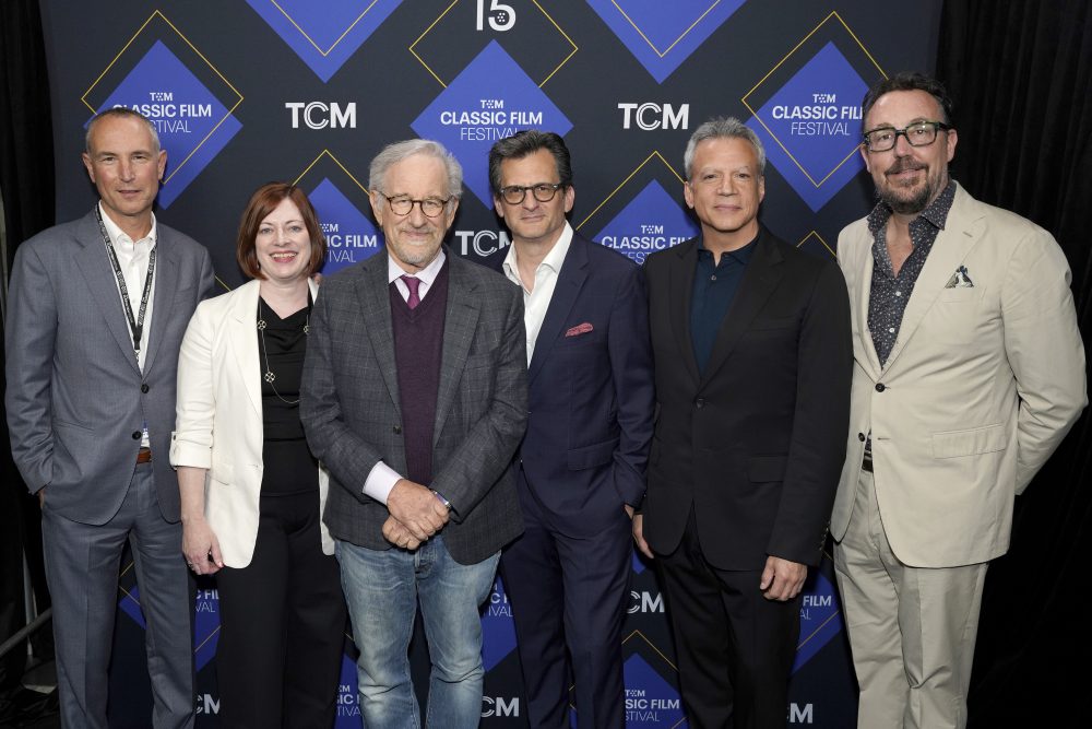 HOLLYWOOD, CALIFORNIA - APRIL 19: (L-R) Charlie Tabesh, SVP, Programming and Content Strategy, TCM, Genevieve McGillicuddy, Executive Festival Director, TCM Classic Film Festival, Steven Spielberg, TCM Host Ben Mankiewicz, Michael De Luca, Chairperson & CEO, Warner Bros. Film Group and Michael Ouweleen, President, Adult Swim, Cartoon Network, TCM attend the 